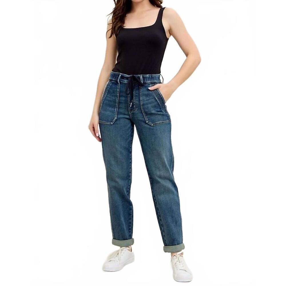 Judy Blue Mid Wash Denim Paperbag Tie Waist Joggers